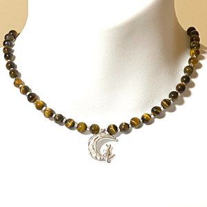 Tigers Eye Silver Cat on the Moon Necklace, Genuine Gemstone Beaded Necklace